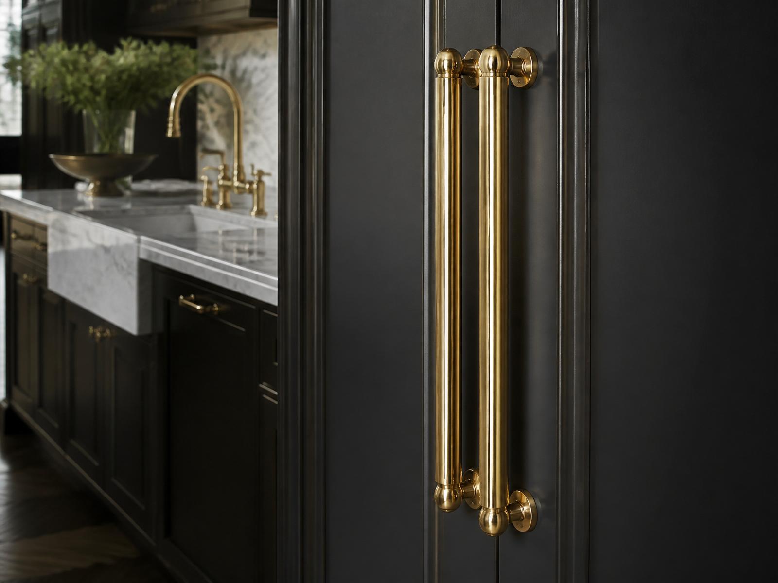 Detail of luxury built-in refrigerator with polished brass hardware