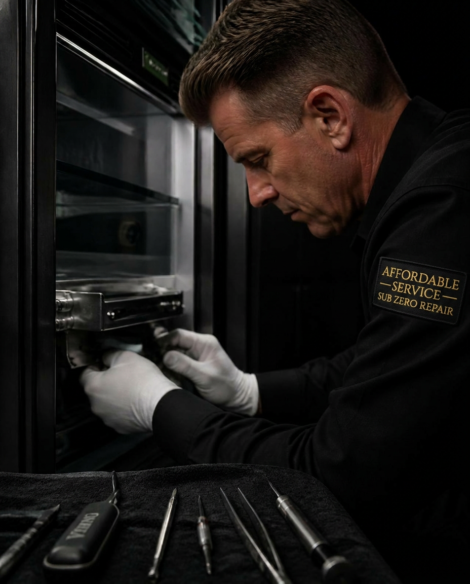 Factory-trained Sub-Zero technician servicing a built-in refrigerator