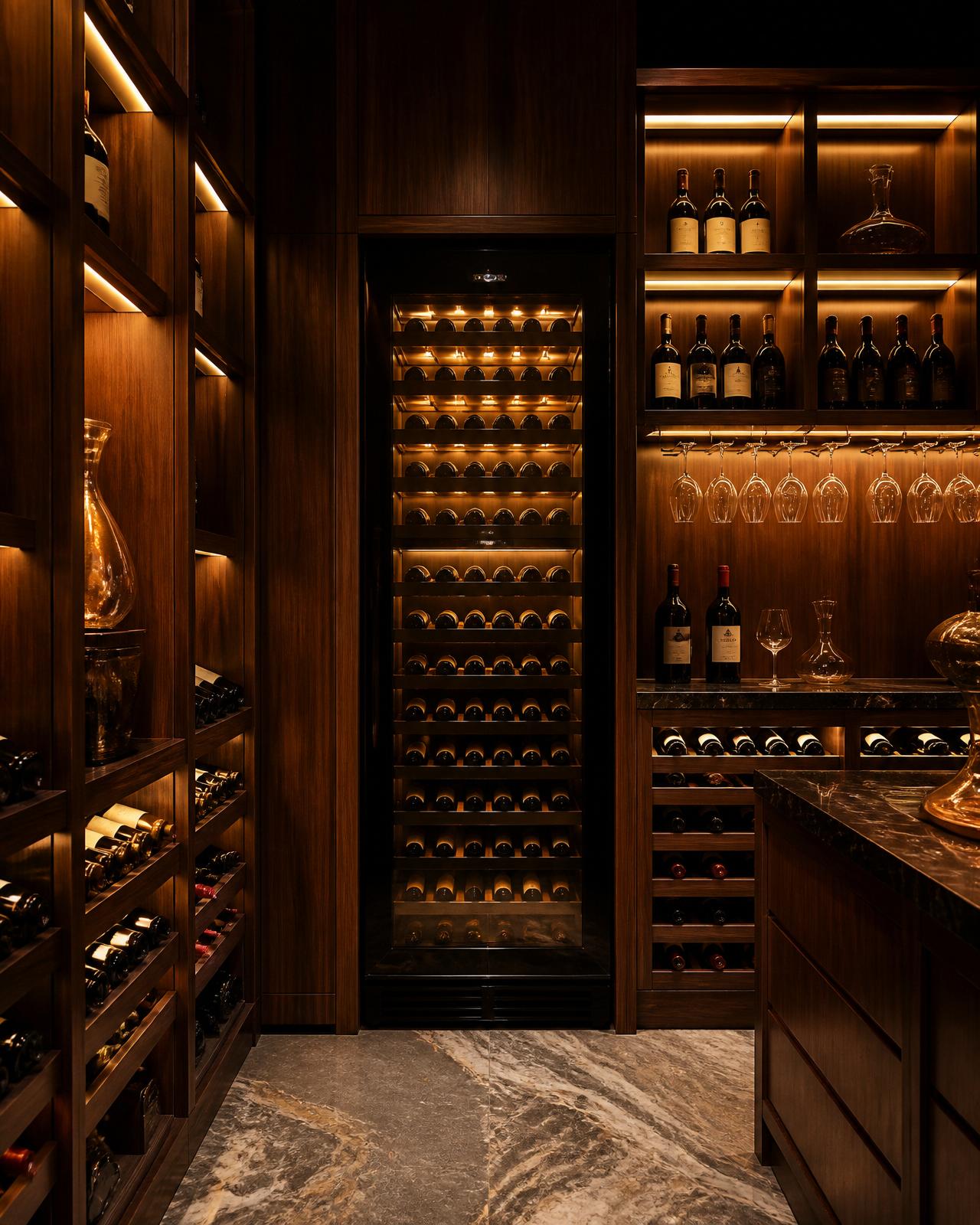 Luxury built-in wine cooler in dark walnut wine cellar